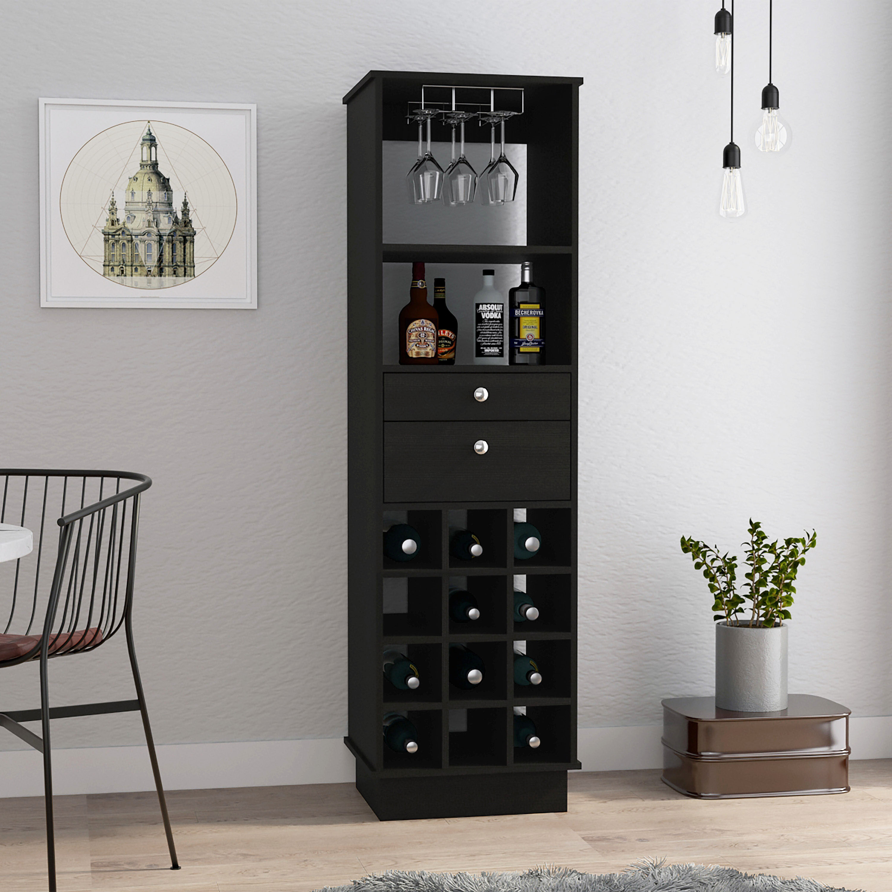 Classic Bar Cabinet, Two Drawers, Twelve Built-in Wine Rack-Black